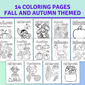 Fall and Autumn 14 Coloring Pages for Kids, Color, Printable, Digital Download, Kids Fall Autumn Activity, Coloring Pages, Party, Halloween