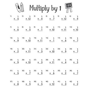 May include: A black and white worksheet with the title "Multiply by 1" and 42 multiplication problems. Each problem involves multiplying the number 1 by a single-digit number. The worksheet is designed for children learning basic multiplication.
