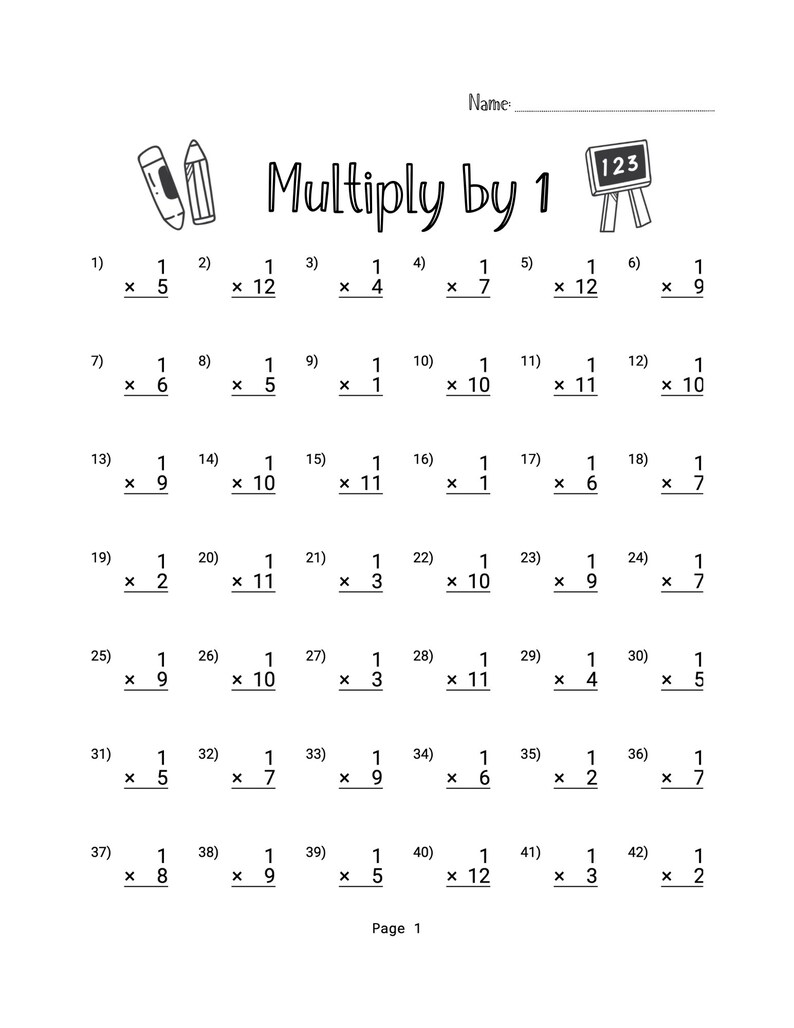 May include: A black and white worksheet with the title "Multiply by 1" and 42 multiplication problems. Each problem involves multiplying the number 1 by a single-digit number. The worksheet is designed for children learning basic multiplication.