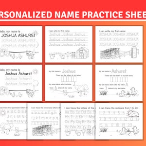 10-Page Custom Personalized Name Tracing,  Handwriting, Name Writing Practice, Alphabet, Letters and Numbers, Coloring page, Kids activity
