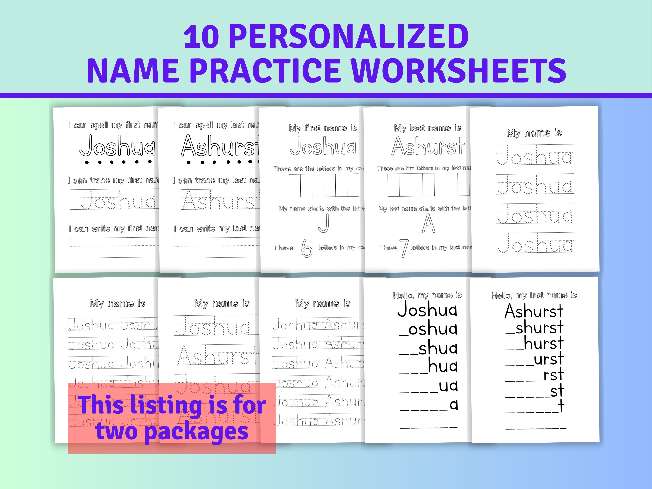TWO PACKAGES: 10-page Printable Custom Name Tracing, Personalized Name ...