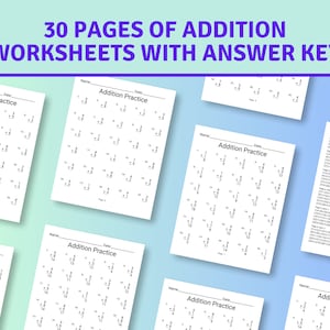 30 Printable Addition Worksheets, Single Digit, Numbers 1-9, Answer Key Included, Math Drills, Instant Download. Math worksheets kids.