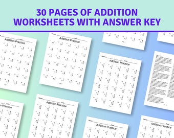 30 Printable Addition Worksheets, Single Digit, Numbers 1-9, Answer Key Included, Math Drills, Instant Download. Math worksheets kids.
