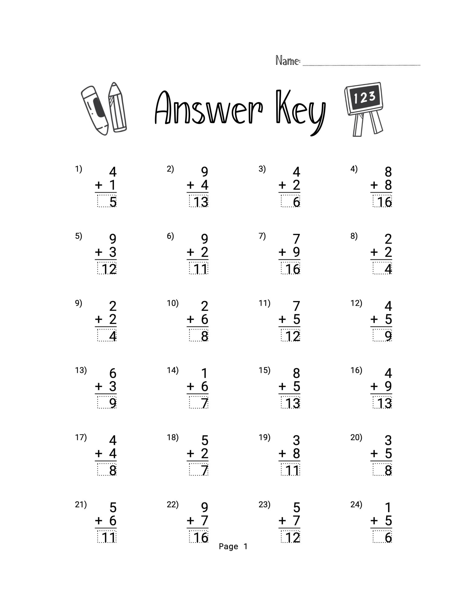 10-printable-addition-worksheets-numbers-1-9-answer-key-included