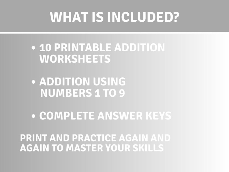 Include Numbers 10 Printable Addition Worksheets. Numbers 1-9. Answer Key Included ...