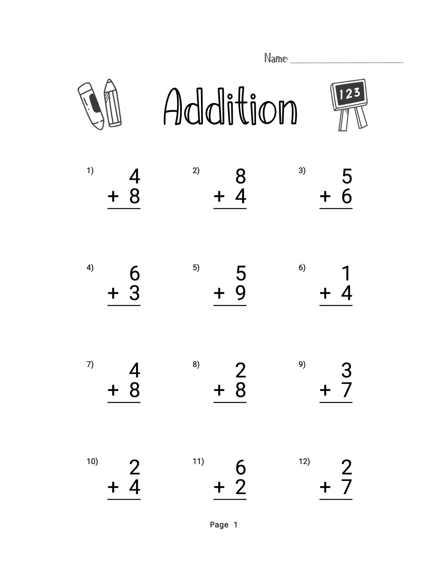 10-printable-addition-worksheets-numbers-1-9-answer-key-included
