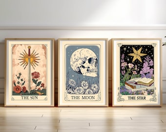 Set of 3 The Sun The Moon The Star Tarot Card Print, Earthy Boho Set, Celestial Wall Prints, Astrology Posters, Mystical Tarot Card Art