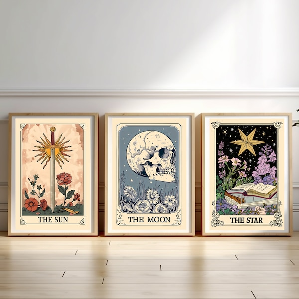 3er-Set Die Sonne der Mond der Stern, Tarotkartendruck, erdiges Boho-Set, himmlische Wanddrucke, Astrologieposter, mystische Tarotkartenkunst