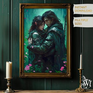 Aragorn and Arwen Lord of the Rings Inspired Art Bookish Wall Decor Dark Academia Fantasy Print Lovers Cottagecore Moody Vintage Oil Paint
