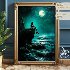 Mermaid Vintage Oil Art Mystical Siren Poster Retro Fantasy Magical Art Cottagecore Digital Download Enchanted Home Decor Print Celestial