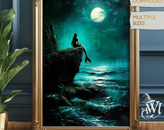 Póster de sirena con arte al óleo vintage, sirena mística, fantasía retro, arte mágico, Cottagecore, descarga digital, decoración encantada para el hogar, impresión celestial