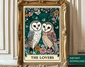 The Lovers Owls Tarot Card Print Bookish Artwork Earthy Boho Celestial Poster Vintage Folk Art Mystical Tarot Card Art Digital Download