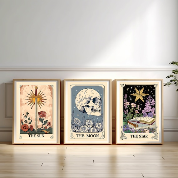 Set of 3 The Sun The Moon The Star Tarot Card Print, Earthy Boho Set, Celestial Wall Prints, Astrology Posters, Mystical Tarot Card Art