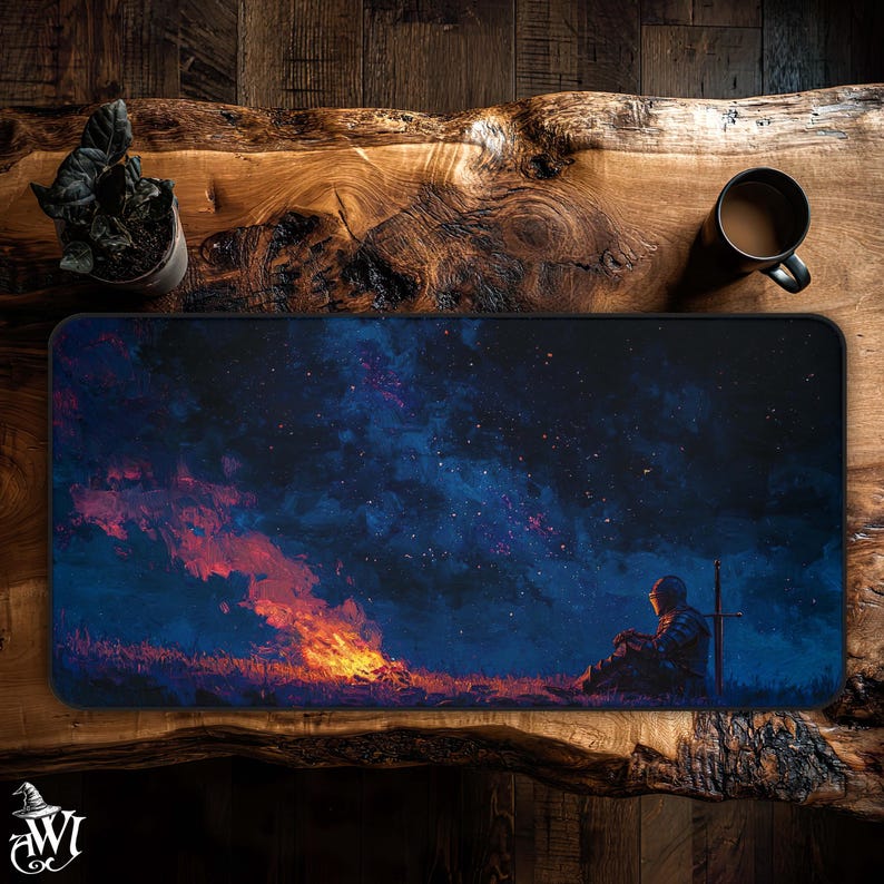 May include: A rectangular black mousepad featuring a digital art scene of a knight sitting near a campfire under a starry sky. The artwork is predominantly blue, orange, and black.
