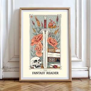 The Fantasy Reader Tarot Card Print, Bookish Artwork, Earthy Boho Set, Earthy Celestial Poster, Folk Art Design, Mystical Tarot Card Art