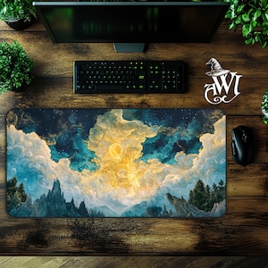 Puede incluir: Un paisaje abstracto azul y dorado con una gran luna brillante en el centro. El paisaje está formado por nubes y montañas, y la luna está rodeada de estrellas. La imagen es una pintura digital.