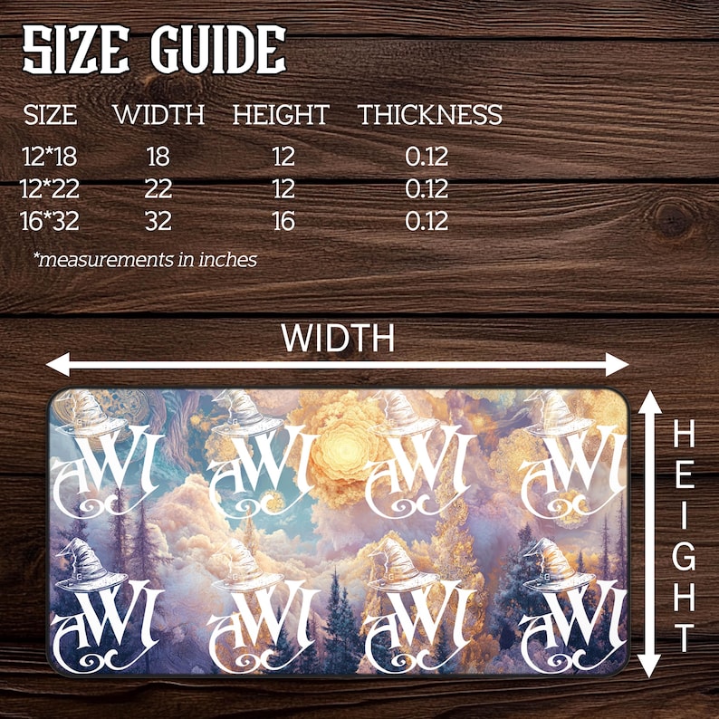 May include: A rectangular decorative mat with a whimsical design featuring witch hats, clouds, and trees. The mat's dimensions are available in 12x18 inches, 12x22 inches, and 16x32 inches, with a thickness of 0.12 inches. The text "WI" is repeated across the design.