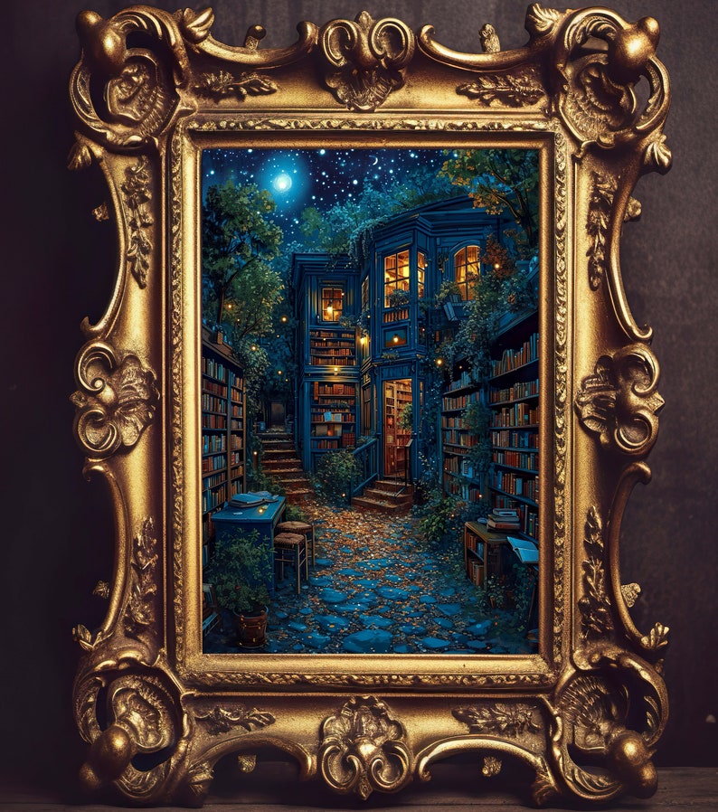 Fantasy Library, Light Magical Art, Library Painting, Dark Cottagecore, Library Decor, Boho Vintage Print image 1