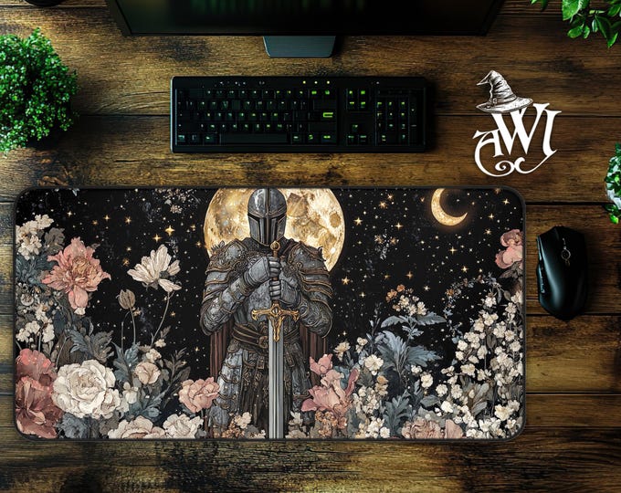 Medieval Fantasy Warrior Knight Desk Mat Tapestry Style Mousepad Mythical Celestial Workspace Whimsical Boho Magical Sword Vintage Aesthetic