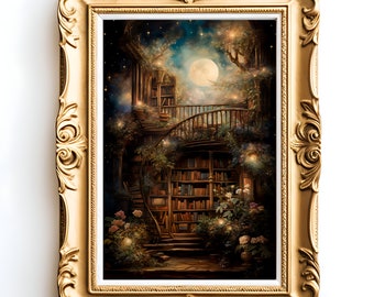 Fantasy Library Art, Books and Reading Art, Fantasy Art, Mythical Art, Magical Art, Digital Download, Wall Art, Whimsical, Decor, Print