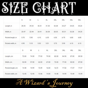 May include: Size chart for a garment with measurements in inches and centimetres. The chart includes sizes from S to 5XL and lists measurements for length, width, pocket length, and pocket width.