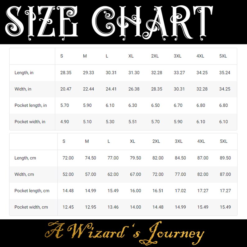 May include: Size chart for a garment with measurements in inches and centimetres. The chart includes sizes from S to 5XL and lists measurements for length, width, pocket length, and pocket width.