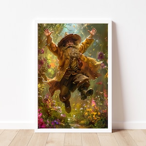 May include: A whimsical illustration of a bearded man in a brown hat and coat, jumping with joy in a field of colorful flowers.