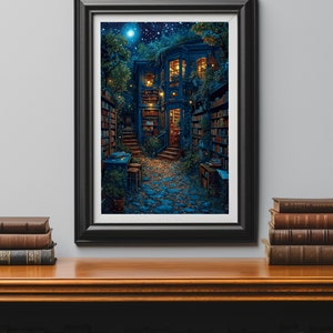 Fantasy Library, Light Magical Art, Library Painting, Dark Cottagecore, Library Decor, Boho Vintage Print image 3