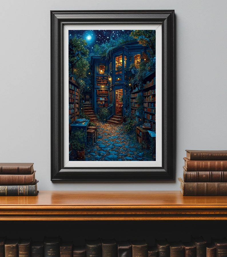 Fantasy Library, Light Magical Art, Library Painting, Dark Cottagecore, Library Decor, Boho Vintage Print image 3