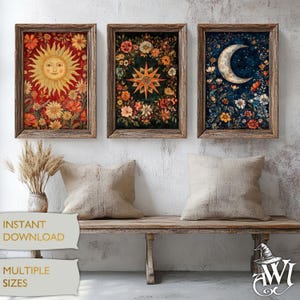 Set van 3 The Sun Moon Star tarotkaart wordt afgedrukt aardse boho set hemelse muur wordt afgedrukt astrologie poster mystieke wandtapijt kunst boho bloemen folk