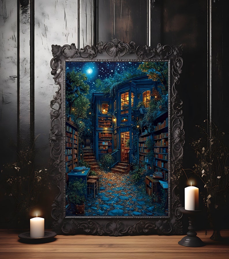 Fantasy Library, Light Magical Art, Library Painting, Dark Cottagecore, Library Decor, Boho Vintage Print image 2