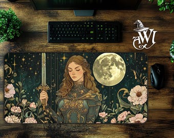 Female Medieval Knight Tapestry Style Desk Mat Mythical Celestial Fantasy Workspace Whimsical Boho Magical Sword Mousepad Vintage Aesthetic