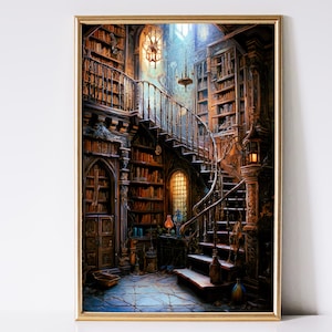 Könnte beinhalten: Ein Gemälde einer prächtigen Bibliothek mit einer Wendeltreppe, die zu einer hohen Decke führt. Die Bibliothek ist mit Bücherregalen gefüllt und hat ein großes Fenster mit Blick auf einen Garten. Das Gemälde ist in einem realistischen Stil gehalten und strahlt eine warme, einladende Atmosphäre aus.