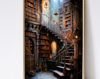Fantasy Library Art, Books and Reading Art, Fantasy Art, Mythical Art, Magical Art, Digital Download, Wall Art, Whimsical, Decor, Print