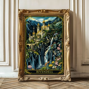 Rivendell Tarot-Kartendruck, Buchkunstwerk, erdiges Boho, erdiges himmlisches Poster, Volkskunst, mystische Tarotkartenkunst, LOTR-Geschenkidee