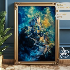 Märchen Fantasy Schloss Art Traumhaft Mythisch Magische Landschaft Digital Download Verzauberte Skurrile Dekor Boho Floral Cottagecore Print