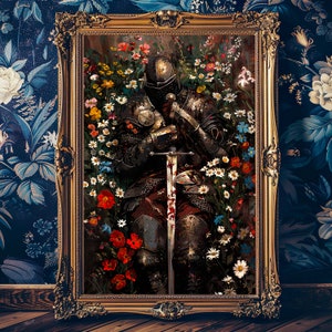 A Knight's Remorse Mittelalterlicher Ritter Fantasy Kunst Mythisch Magisch Digital Download DND Poster Vintage Ästhetische Dekor Dark Academia Floral