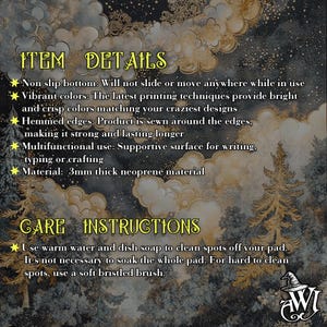 May include: A decorative mat with a forest and cloud design. The text on the mat reads "Item Details" and "Care Instructions". The mat has a non-slip bottom and is made of 3mm thick neoprene material. It is suitable for writing, typing, or crafting.