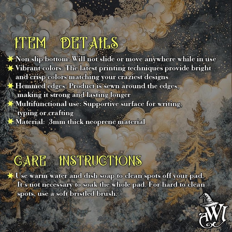 May include: A decorative mat with a forest and cloud design. The text on the mat reads "Item Details" and "Care Instructions". The mat has a non-slip bottom and is made of 3mm thick neoprene material. It is suitable for writing, typing, or crafting.
