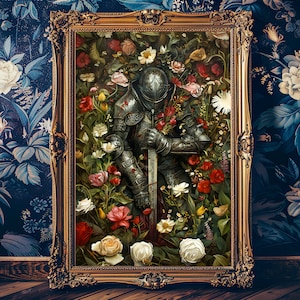 A Knight's Remorse Mittelalterlicher Ritter Fantasy Kunst Mythisch Magisch Digital Download DND Poster Vintage Ästhetische Dekor Dark Academia Floral