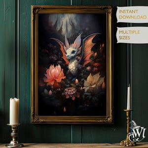 Baby Forest Dragon Art Fantasy Mythical Magical Landscape Dark Academia Digital Decor Cottagecore Wall Art Enchanted Forest Whimsical Print