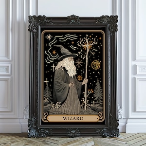 Impresión de cartas del Tarot del Mago, obra de arte libresca, póster bohemio terroso, arte popular, decoración de cartas del Tarot místicas, diseño de personajes de rol de humor