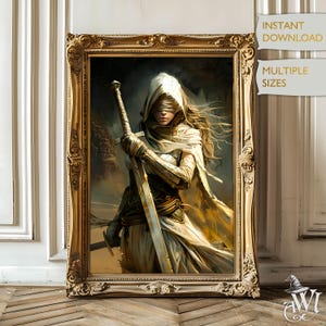 May include: A digital painting of a woman in a white hooded robe holding a sword. The woman is standing in a desert landscape with a golden glow. The painting is framed in a gold frame.