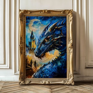 Dragon and Castle, Vintage Oil Art, Mystical Dragon Poster, Retro Fantasy Art, Magical Art, Cottagecore, Digital Download, Decor Art Print