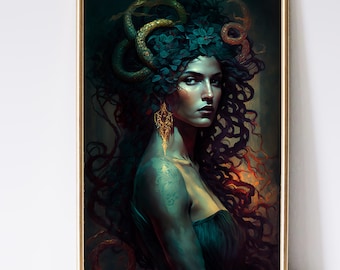 Medusa kunstprint, Griekse mythologie, muurdecoratie, Dark Academia, slangengodin, schilderij, Gorgon, gotisch, digitale download