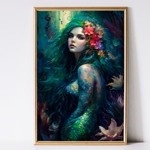 Mermaid Art, Enchanted Forest Art, Fantasy Art, Mythical Art, Magical Art, Digital Download, Wall Art, Whimsical, Decor, Print