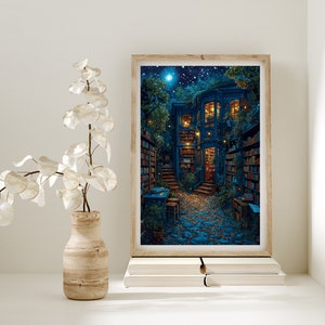 Fantasy Library, Light Magical Art, Library Painting, Dark Cottagecore, Library Decor, Boho Vintage Print image 4