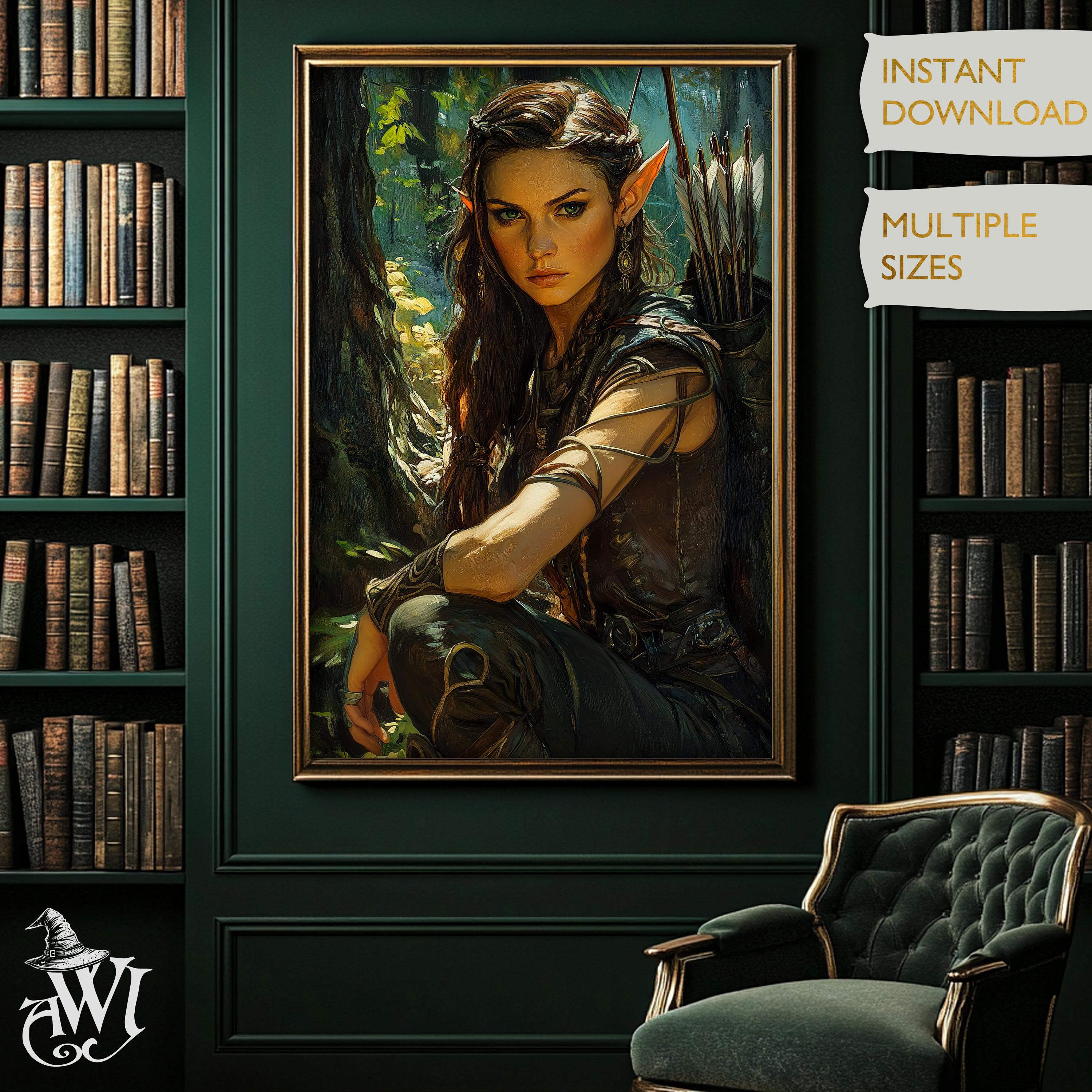 Beautiful Elven Archer Fantasy Art Ranger Portrait Vintage Oil Painting Print DND Gallery Wall Decor Dark Academia Gothic Cottagecore Gift