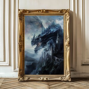 Dragon and Castle, Vintage Oil Art, Mystical Dragon Poster, Retro Fantasy Art, Magical Art, Cottagecore, Digital Download, Decor Art Print