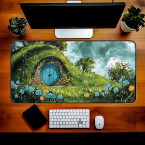 May include: A green, grassy hill with a blue door in a hobbit hole. The door is surrounded by flowers in shades of blue, yellow, and white. The background features a cloudy sky and trees.